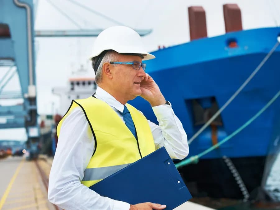 A crew member checks Vessel Hunter on a phone on deck