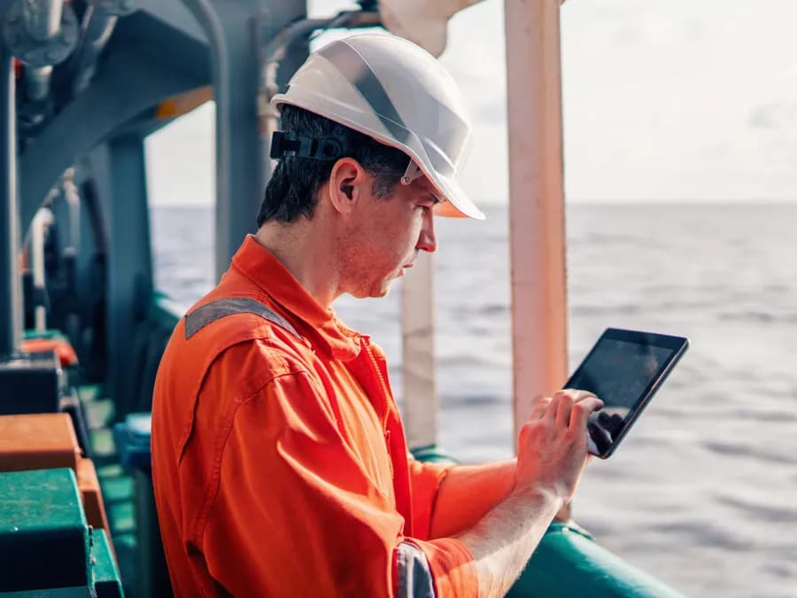 A port engineer reads the fleet on a tablet, quayside