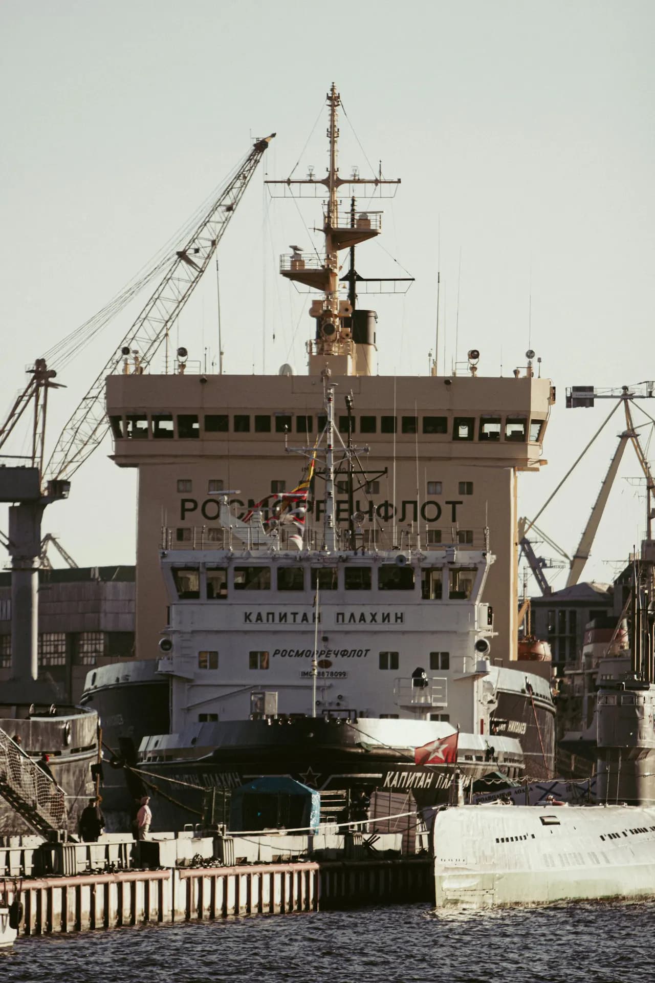 Large ship at a fitting-out quay near cranes