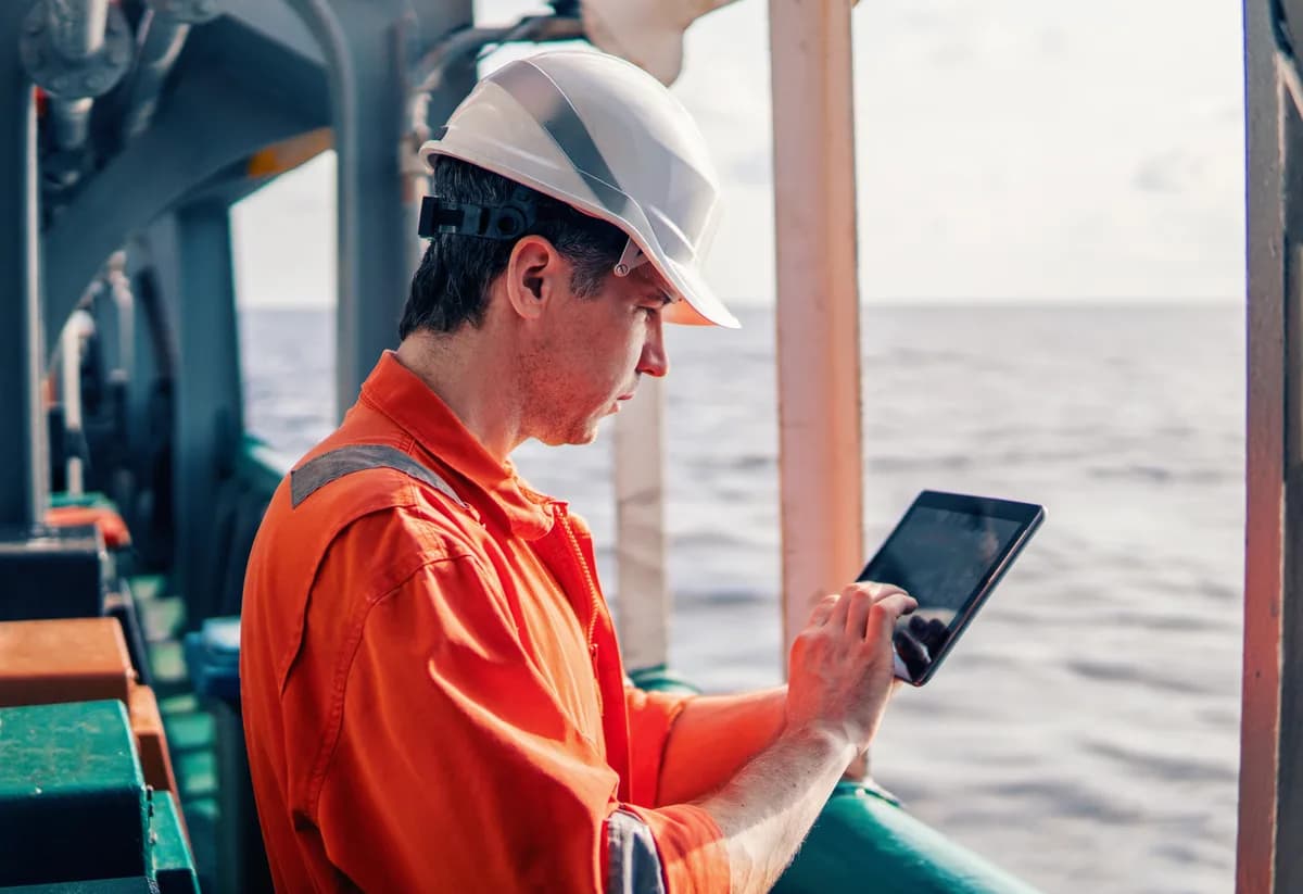 A superintendent inspecting a vessel with a tablet on deck