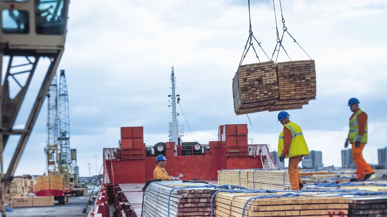 Cargo being craned aboard a vessel by stevedores