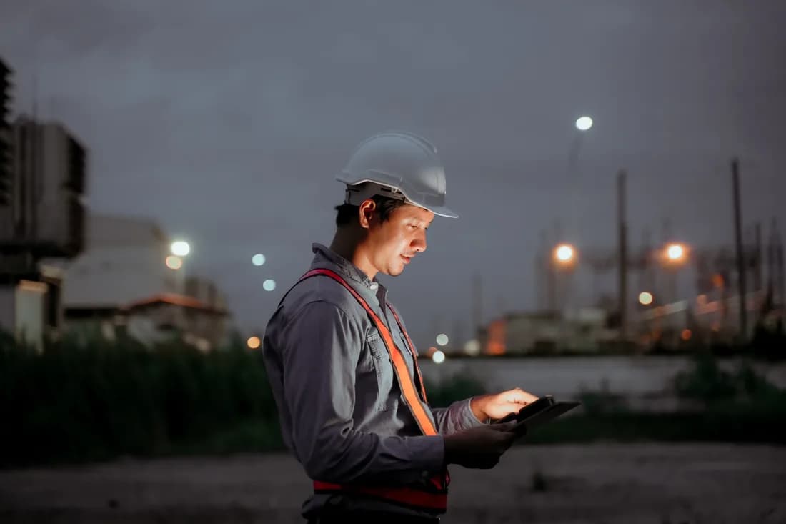 An operator checking a vessel on a tablet at the quayside at dusk