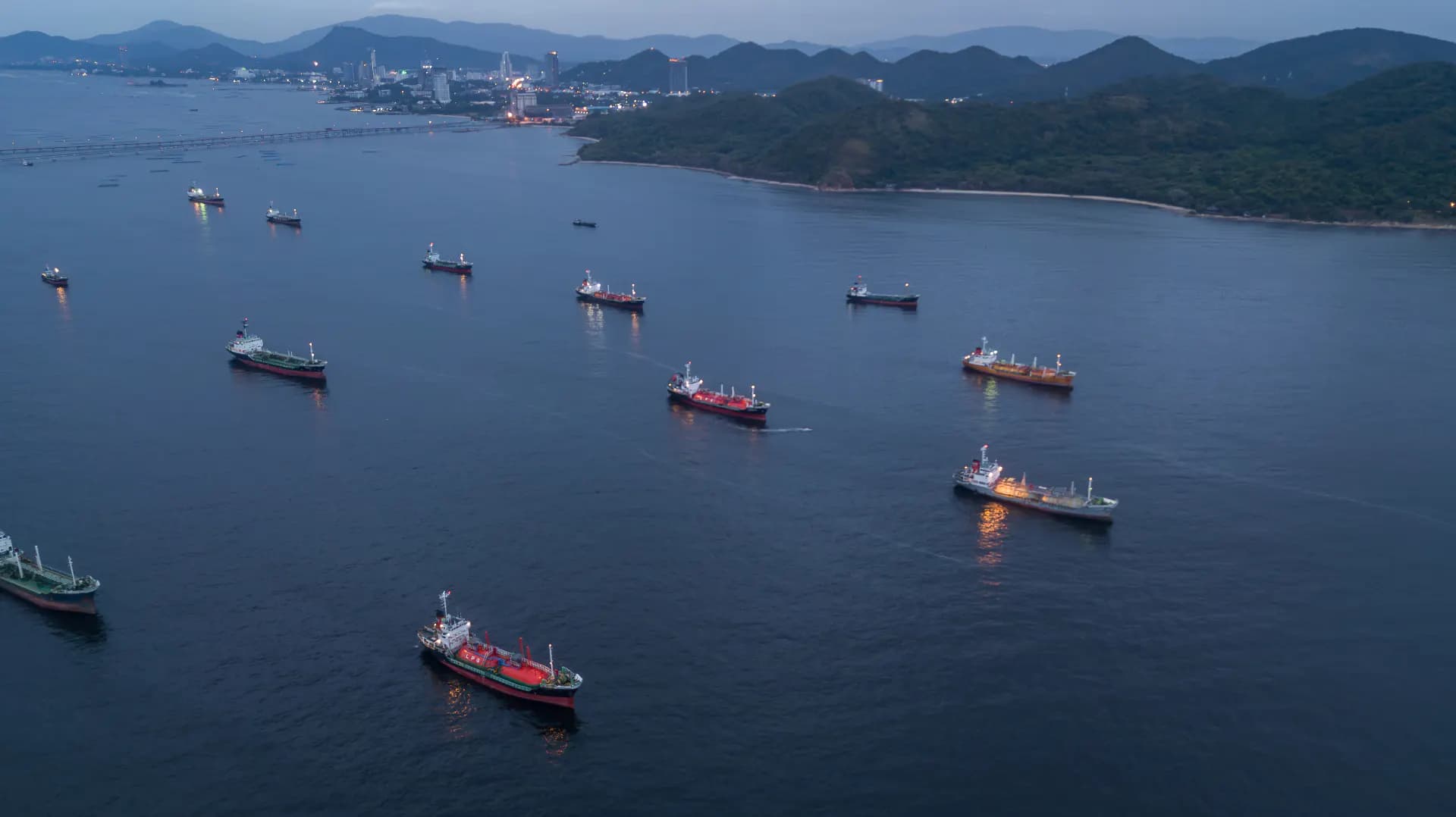 Chemical tanker at sea seen from the air, illustrating tanker operations in busy waters
