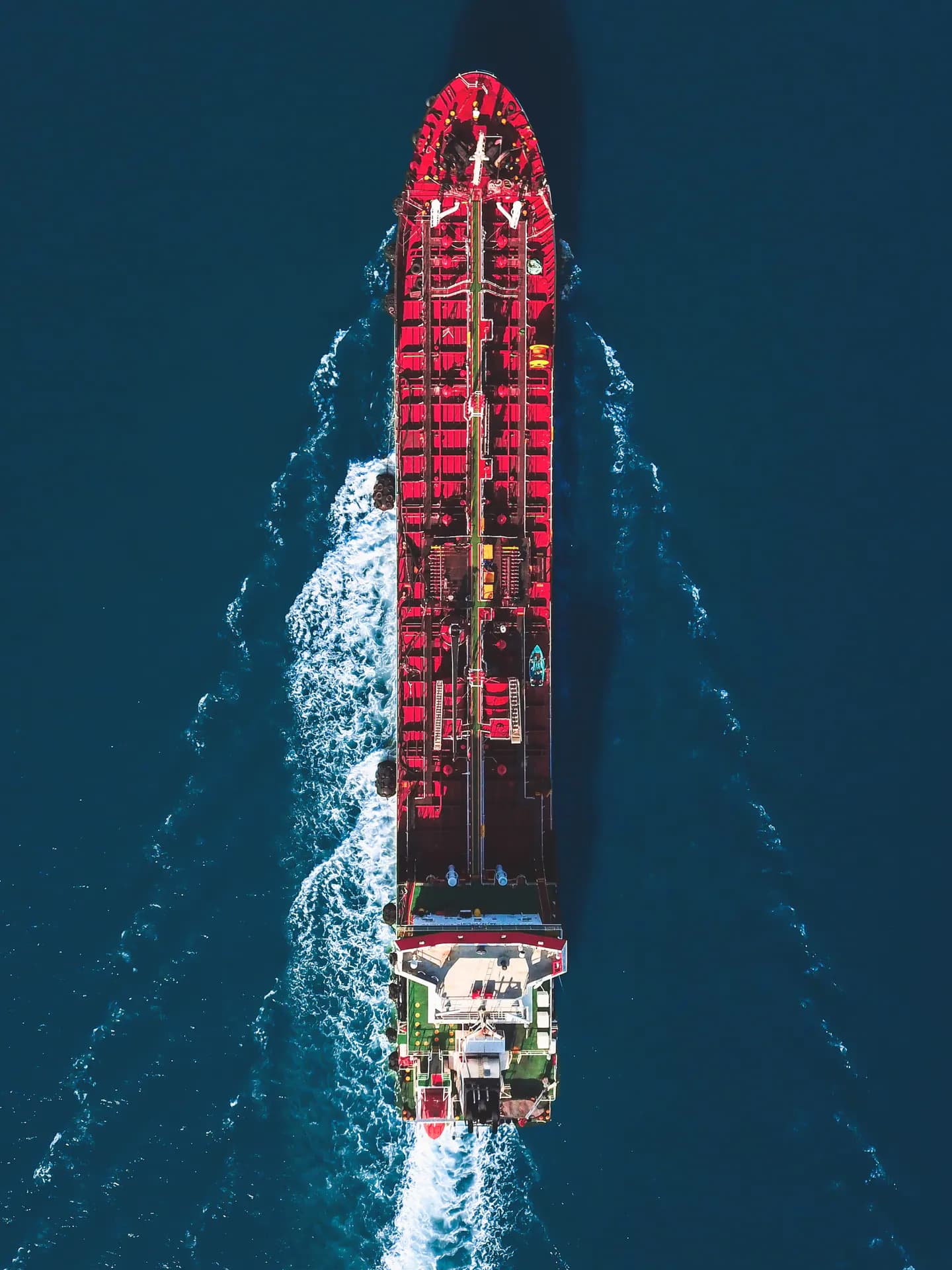 Aerial view of a laden crude oil tanker at sea