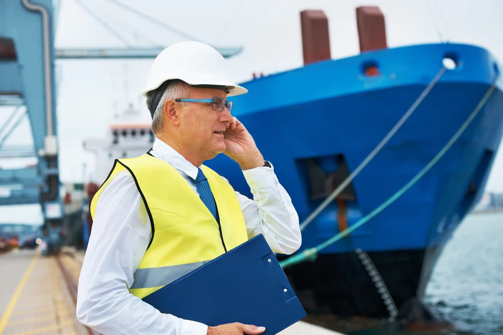 Dock worker beside a container ship, illustrating container terminal and inland logistics