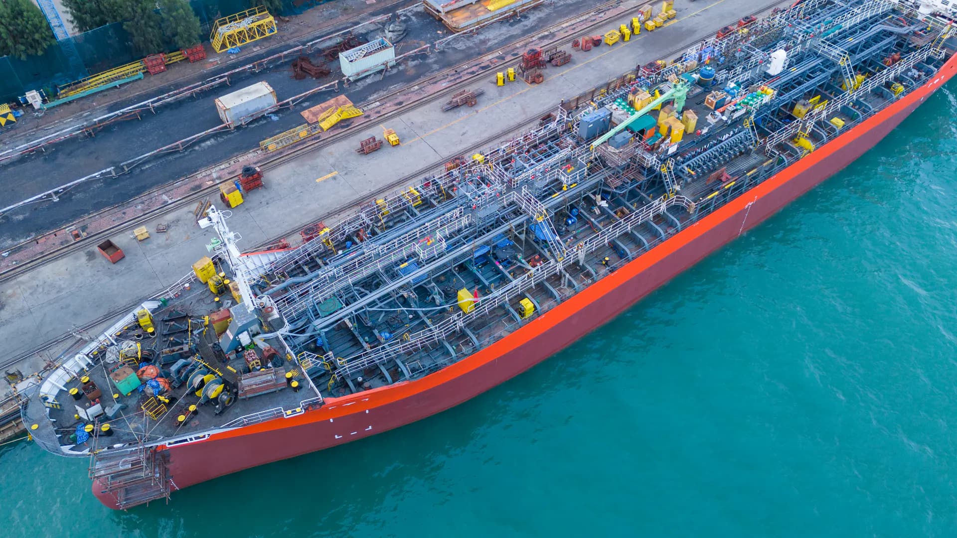 Vessel in dry dock during hull maintenance work