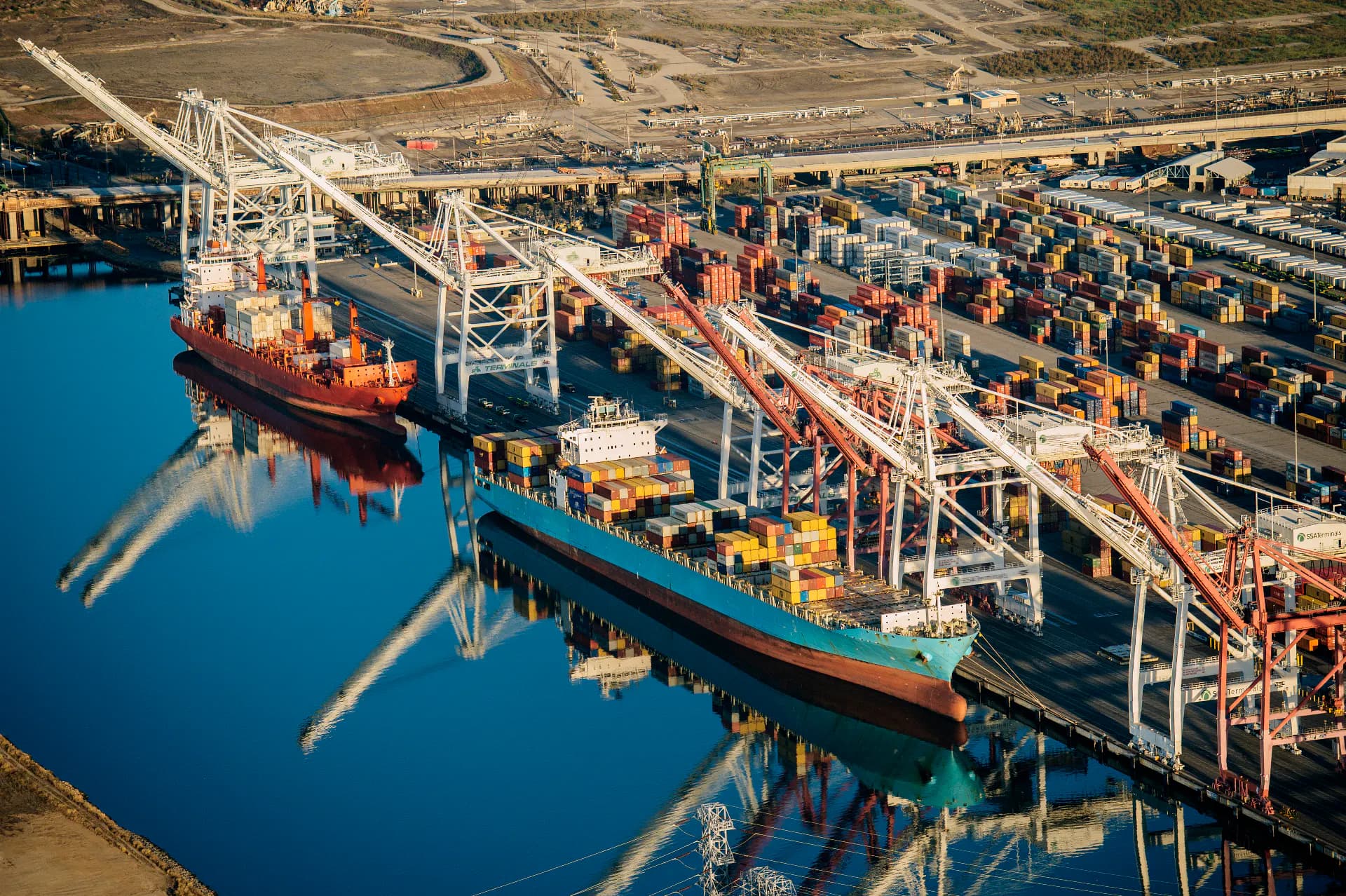 Container cranes and berths at the port of Los Angeles