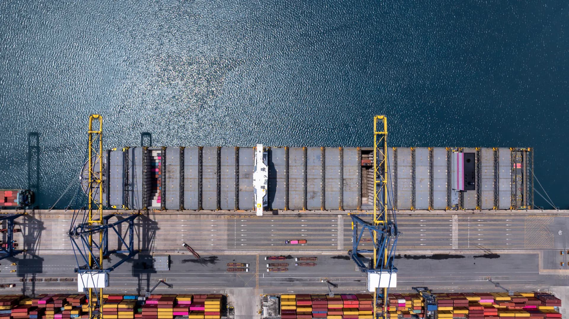 Aerial view of a laden container ship at sea