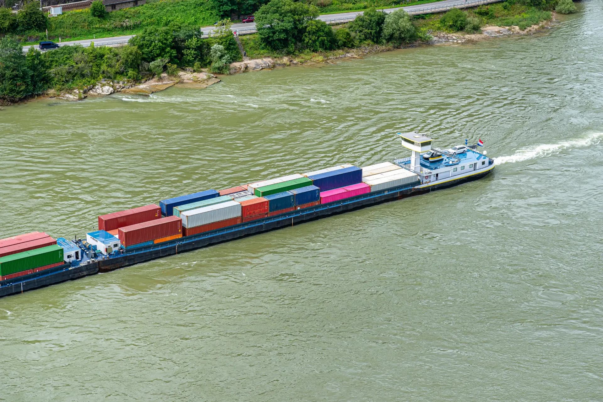 Container barge on the River Rhine