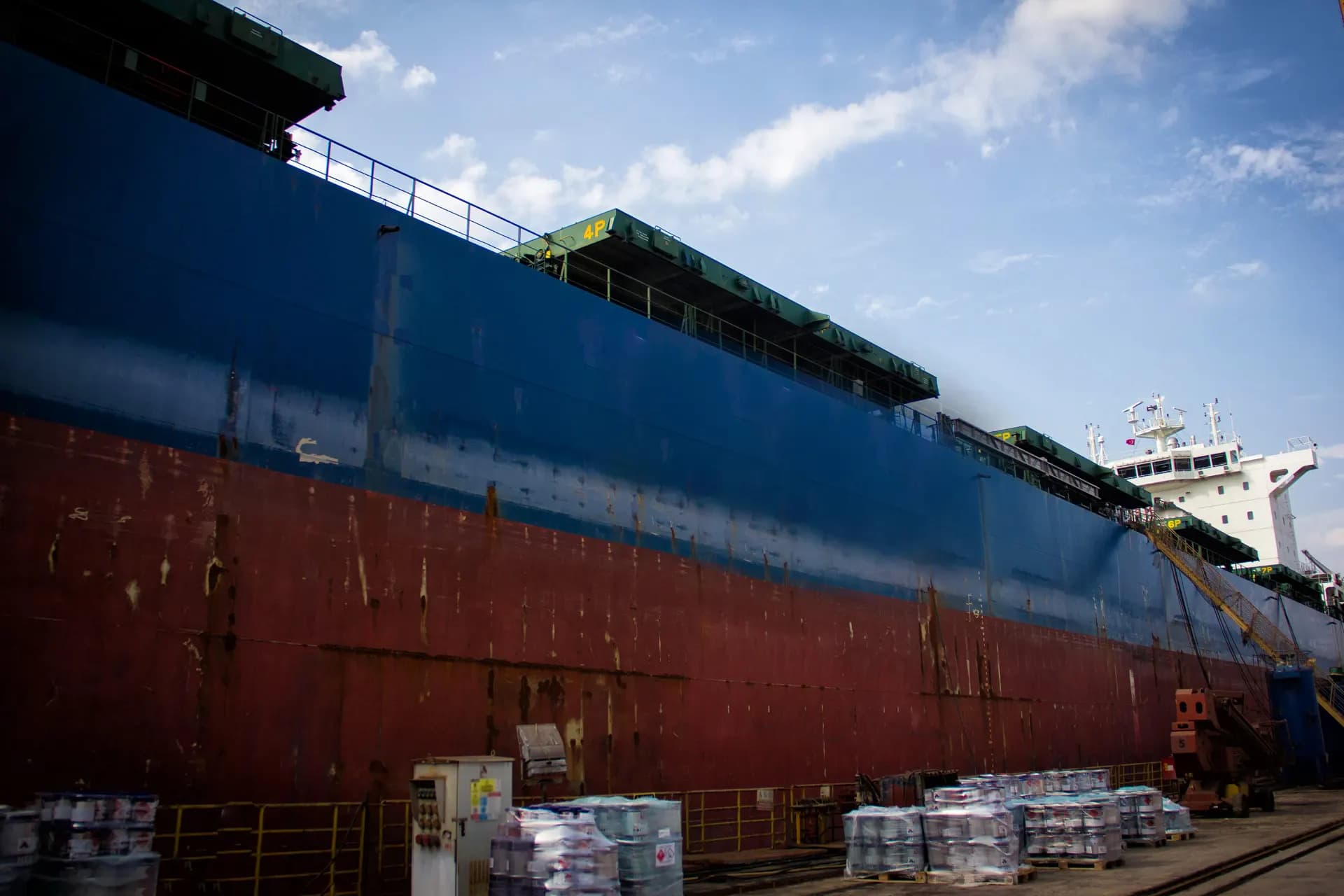 A large tanker alongside, seen from the quay