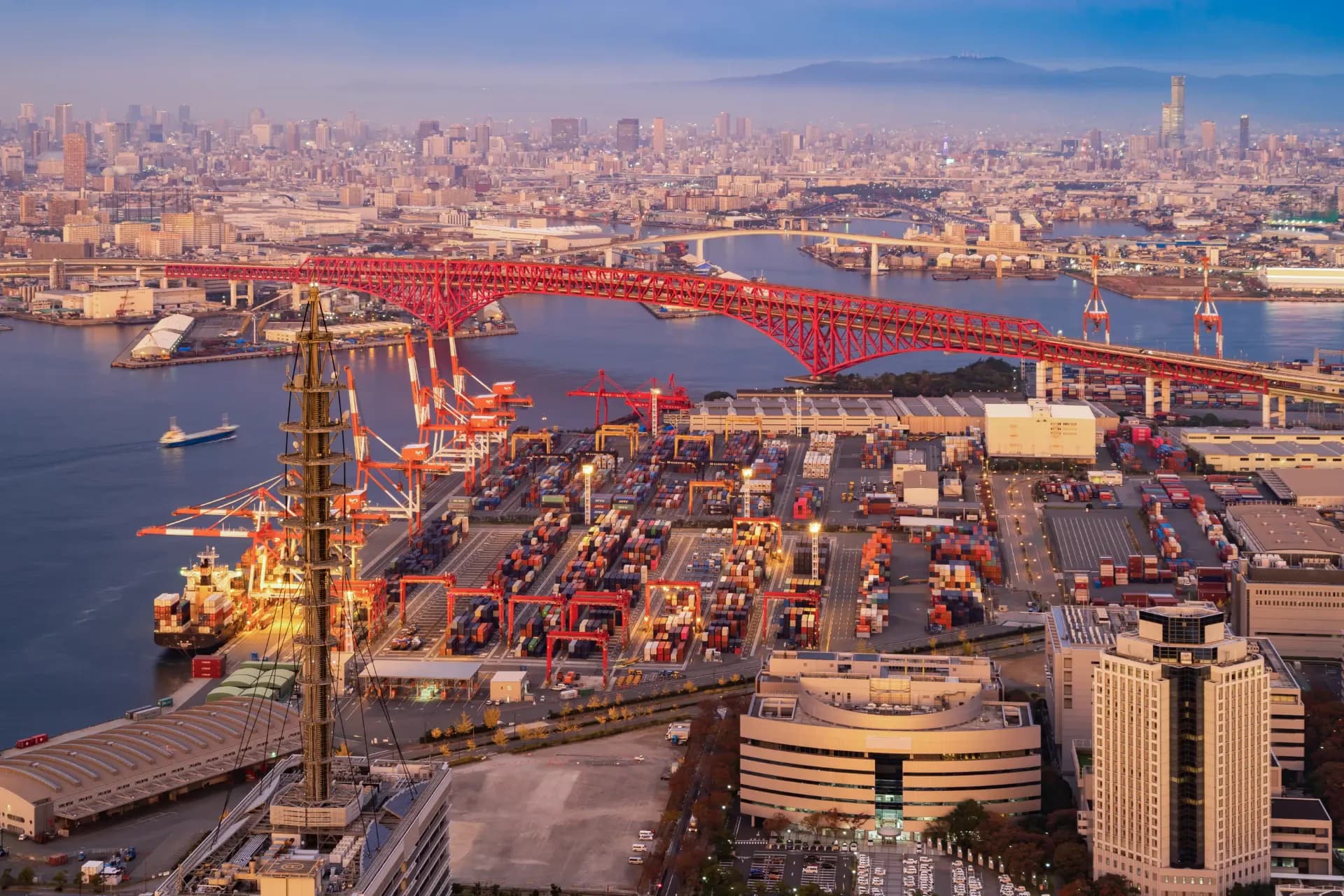 Container ship at an export terminal seen from the air, illustrating port throughput