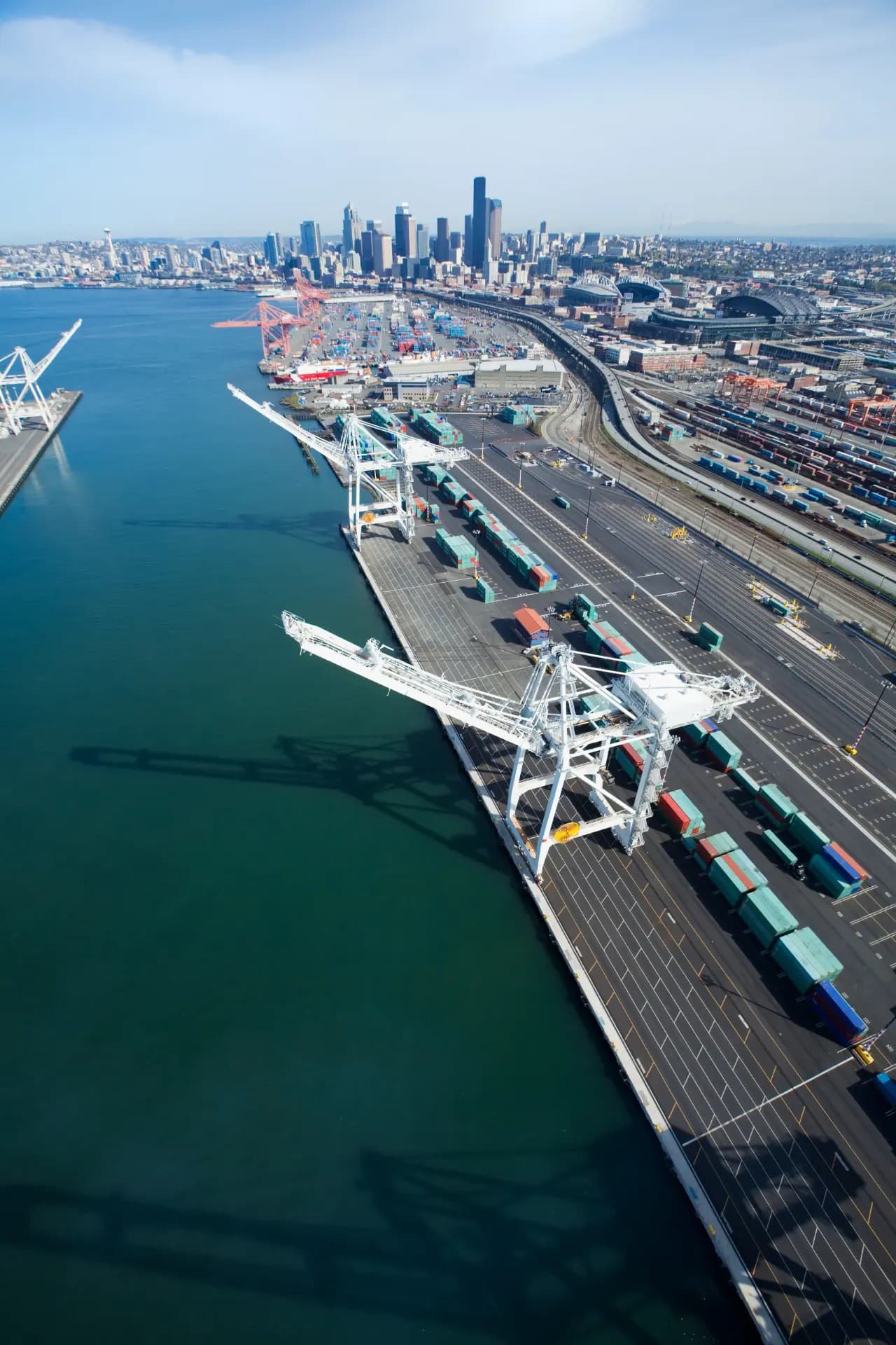 Container handling cranes at a port terminal, illustrating container terminal operations