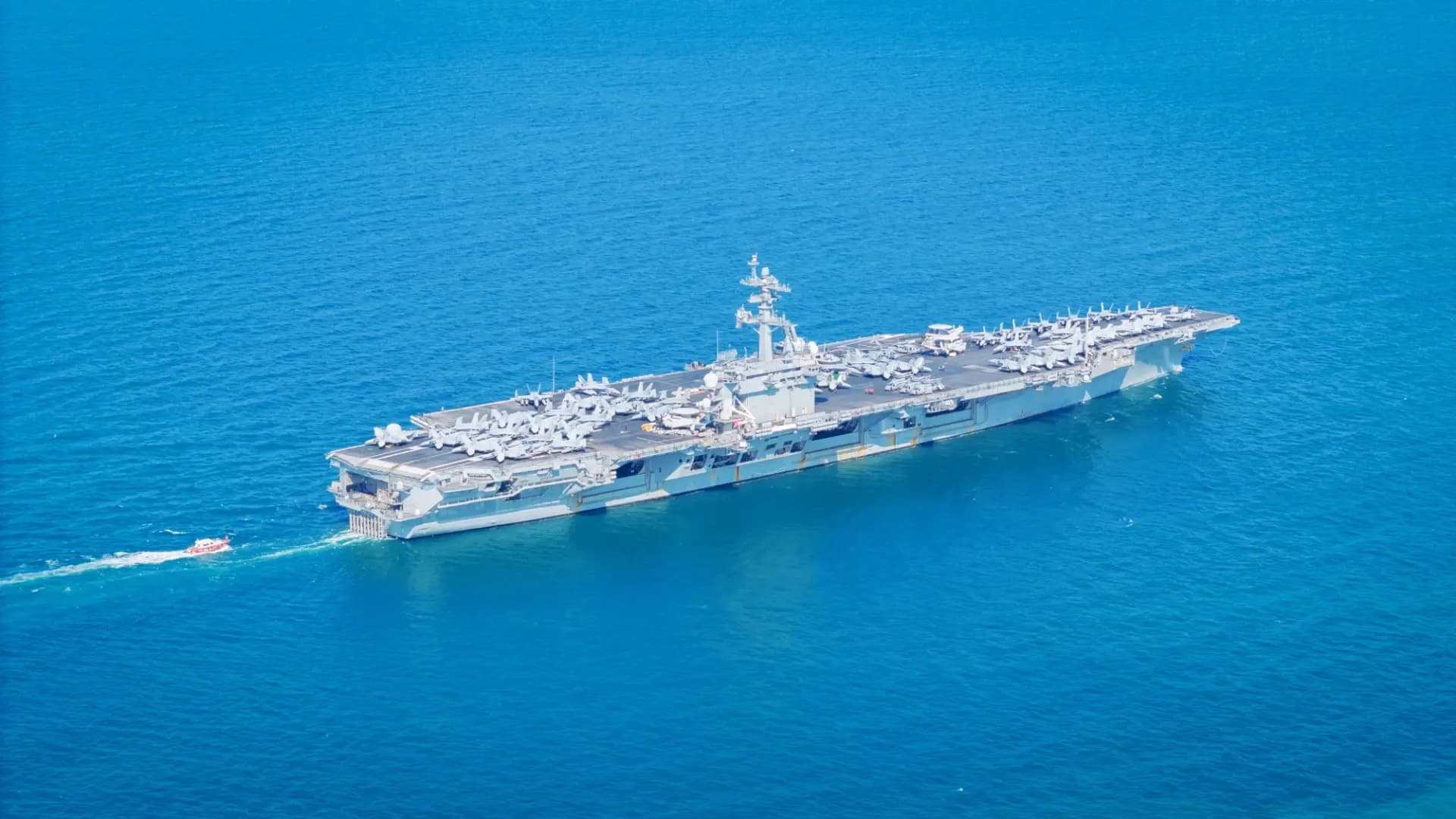 Aircraft carrier island seen from the flight deck, illustrating carrier operations
