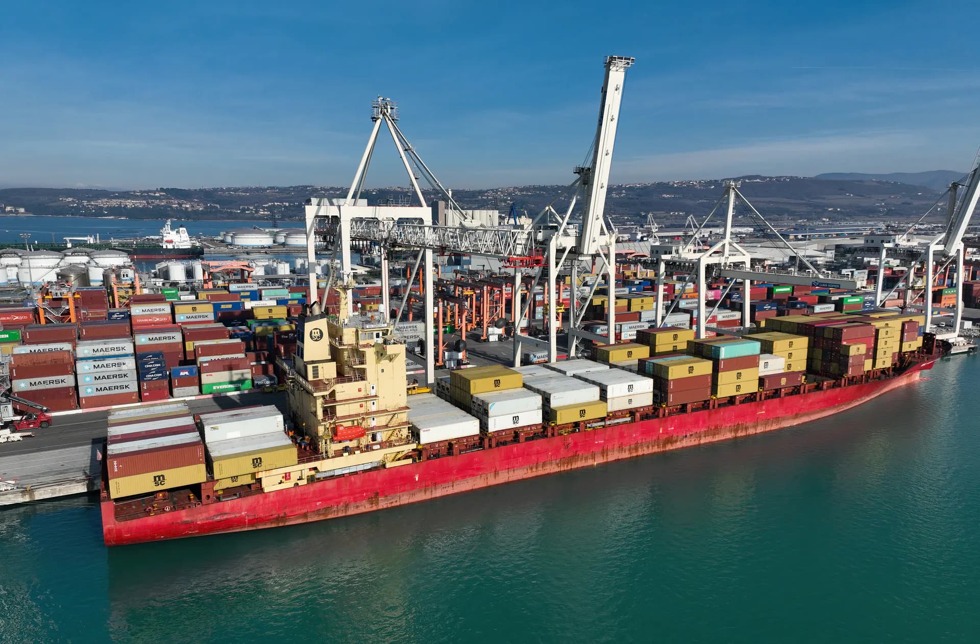 Container ship berthed at a port