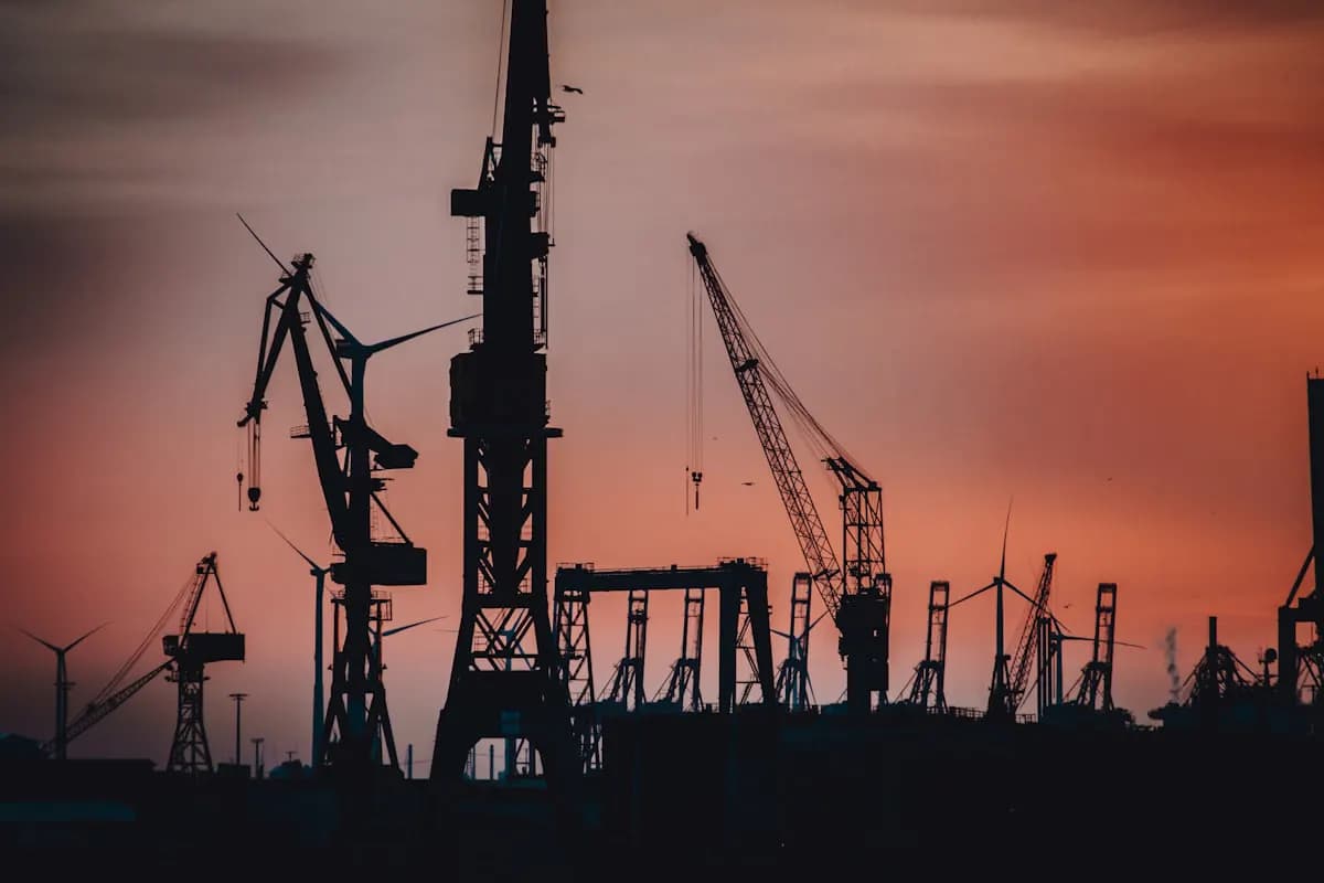 Container port gantry cranes at sunset