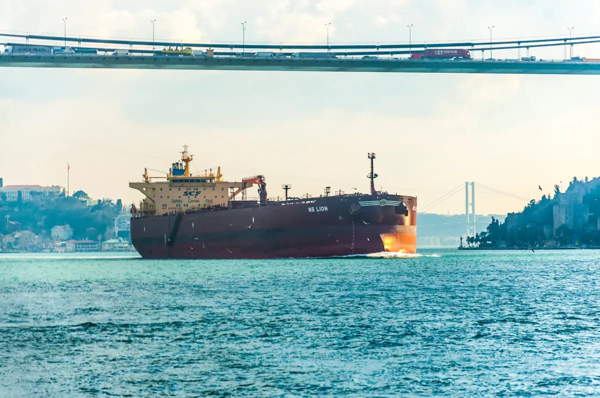 Oil tanker transiting a strait