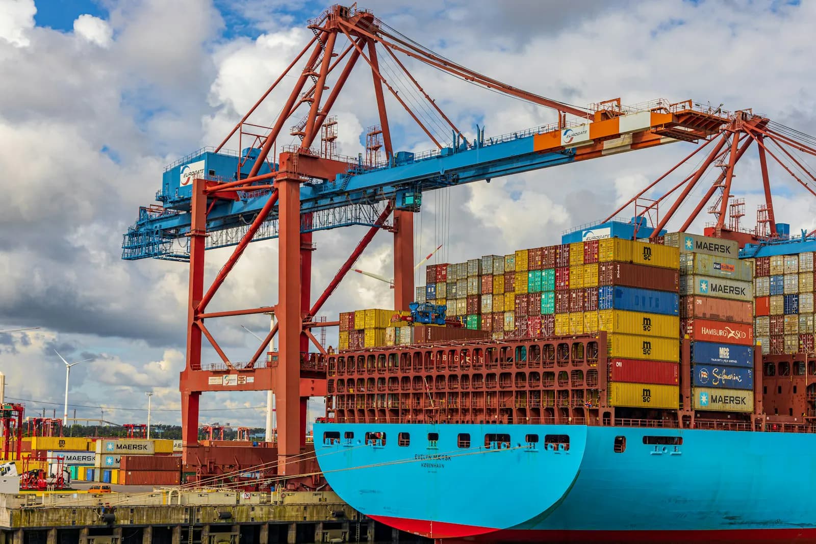 A container ship under construction at a shipyard