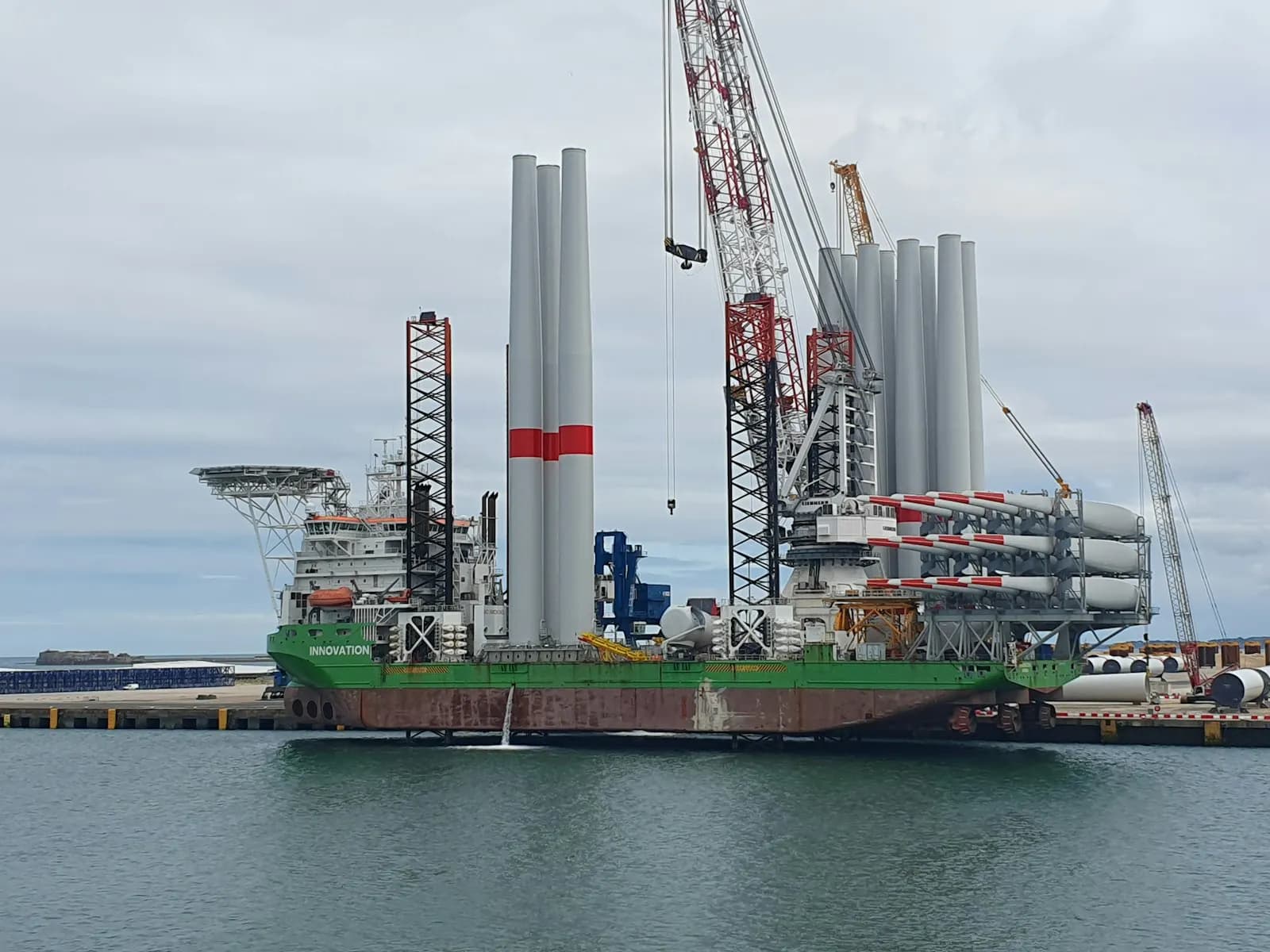A rock installation vessel working at an offshore wind farm