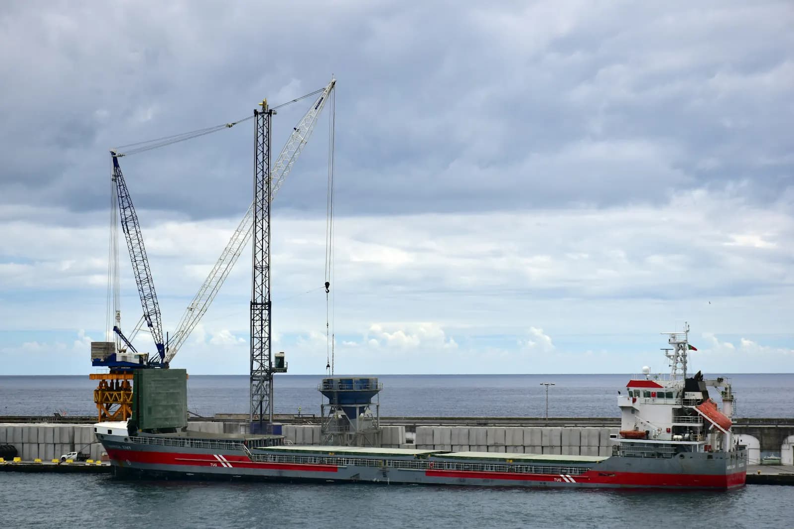 A heavy-lift transport vessel carrying cargo at sea