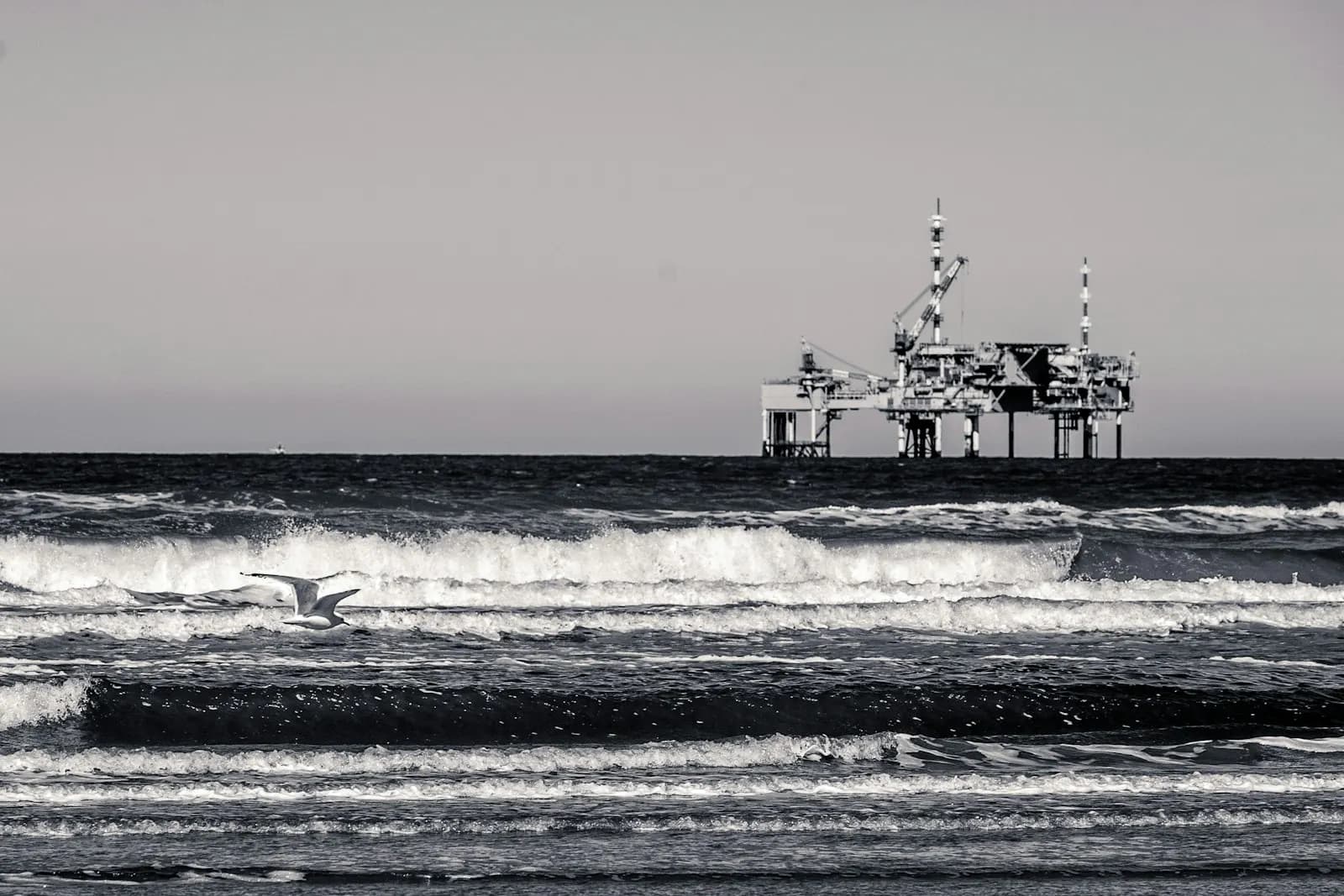 Offshore oil rig platform seen from the ocean