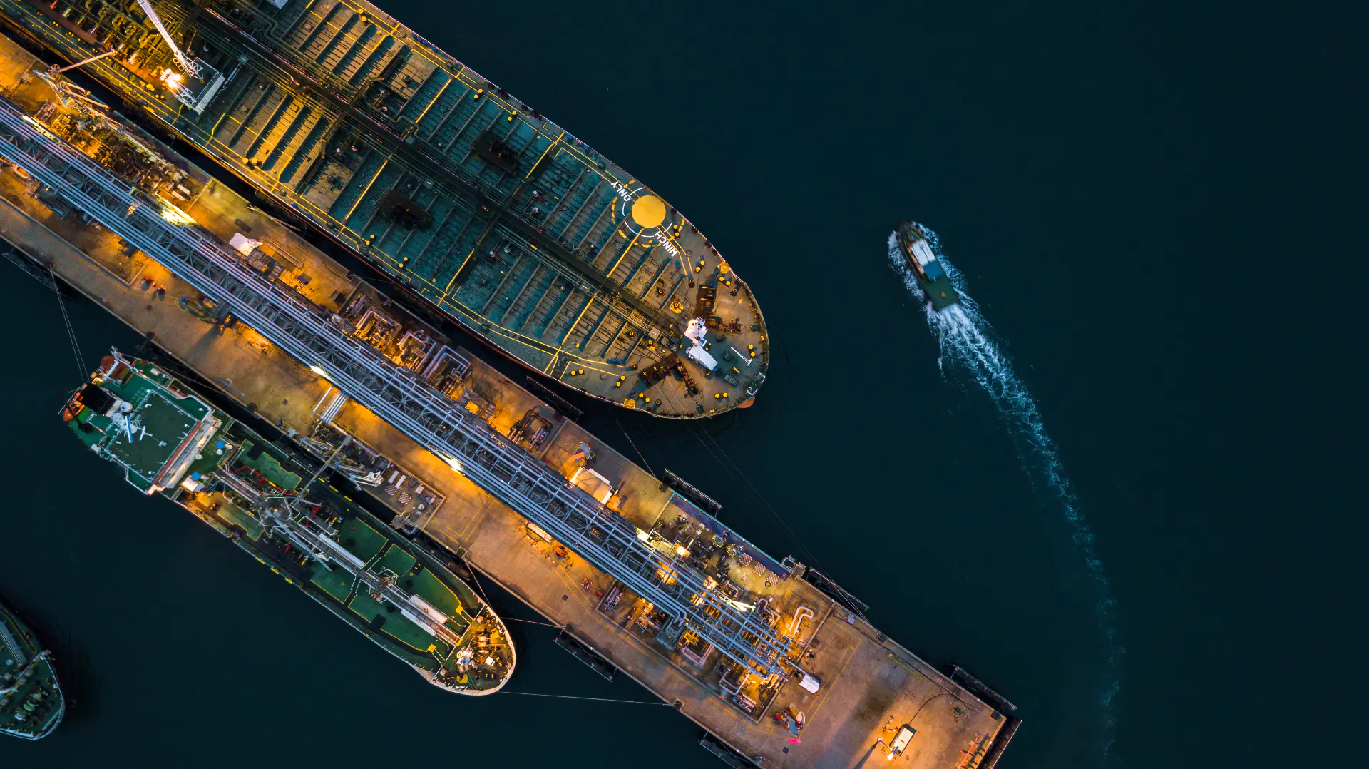Aerial view tanker ship vessel unloading at port a
