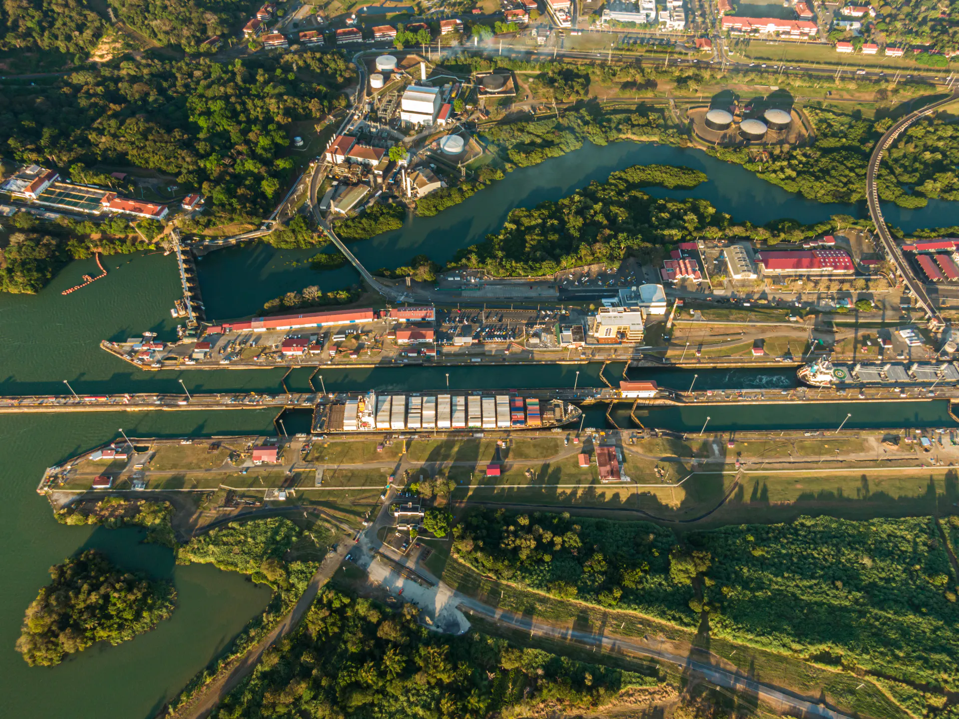 Aerial view of the Miraflores locks on the Panama Canal
