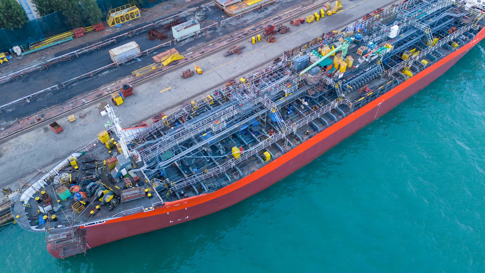 Vessel in dry dock during hull maintenance work