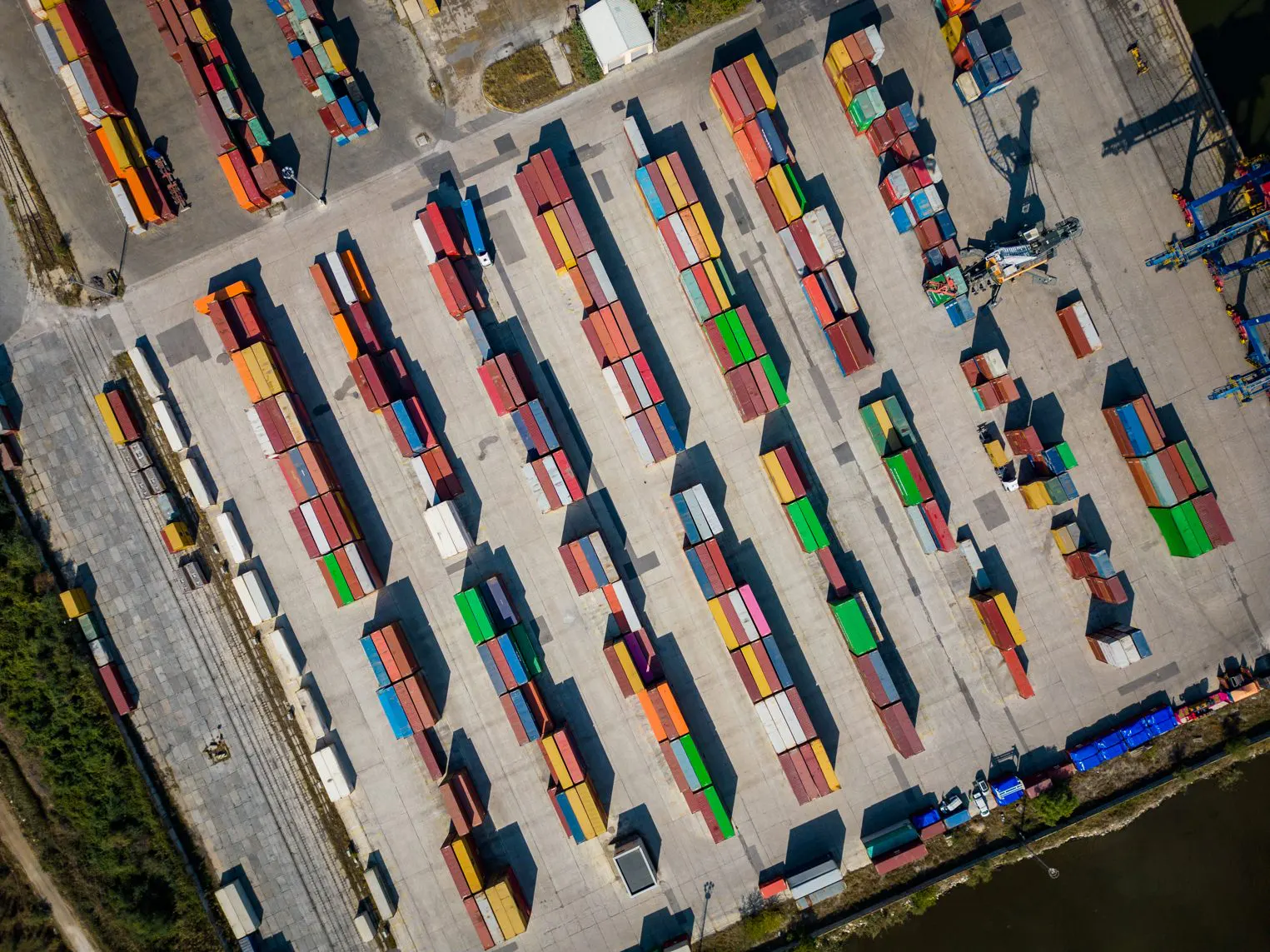 Aerial view of a container terminal with gantry cranes