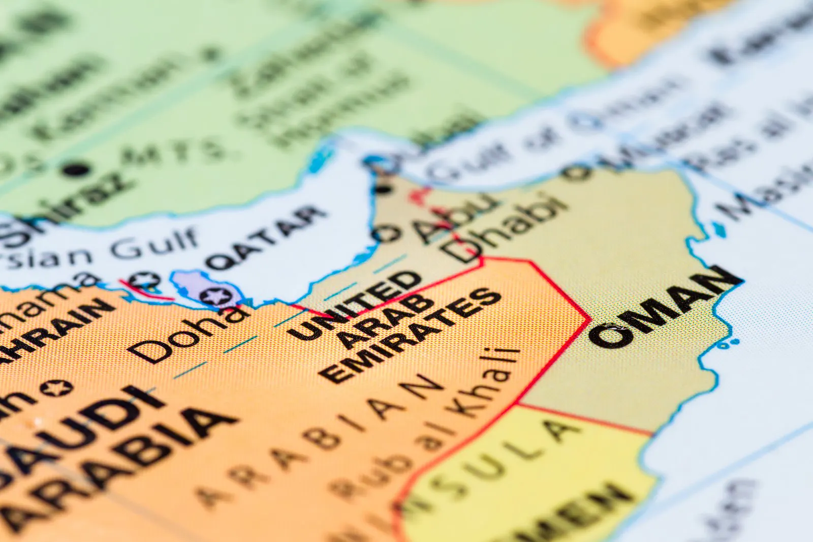 Map showing the Persian Gulf, the UAE and Oman