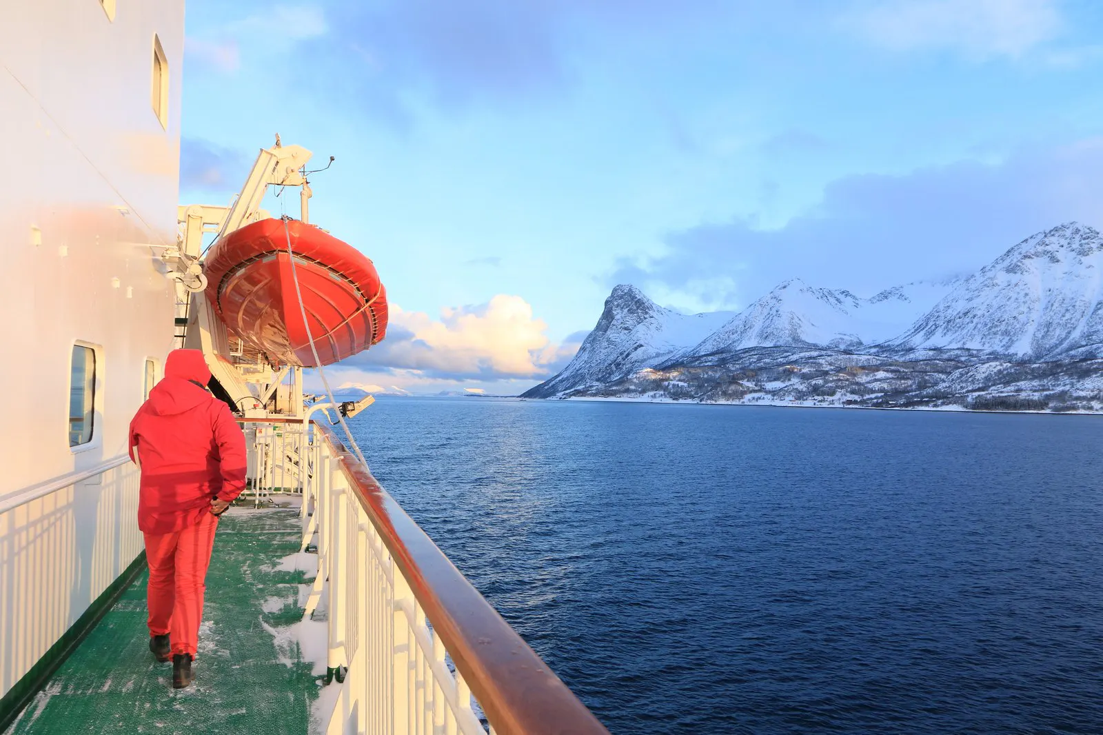 Ship's deck in an Arctic fjord in winter