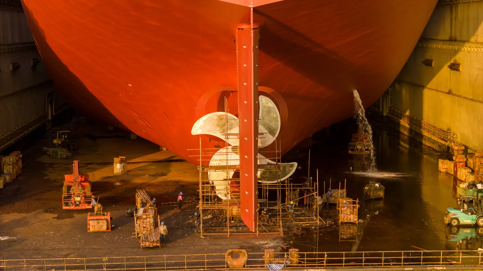 Ship under construction in a dry dock