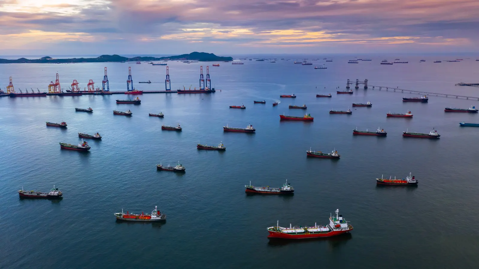 Aerial view of cargo ships at anchor