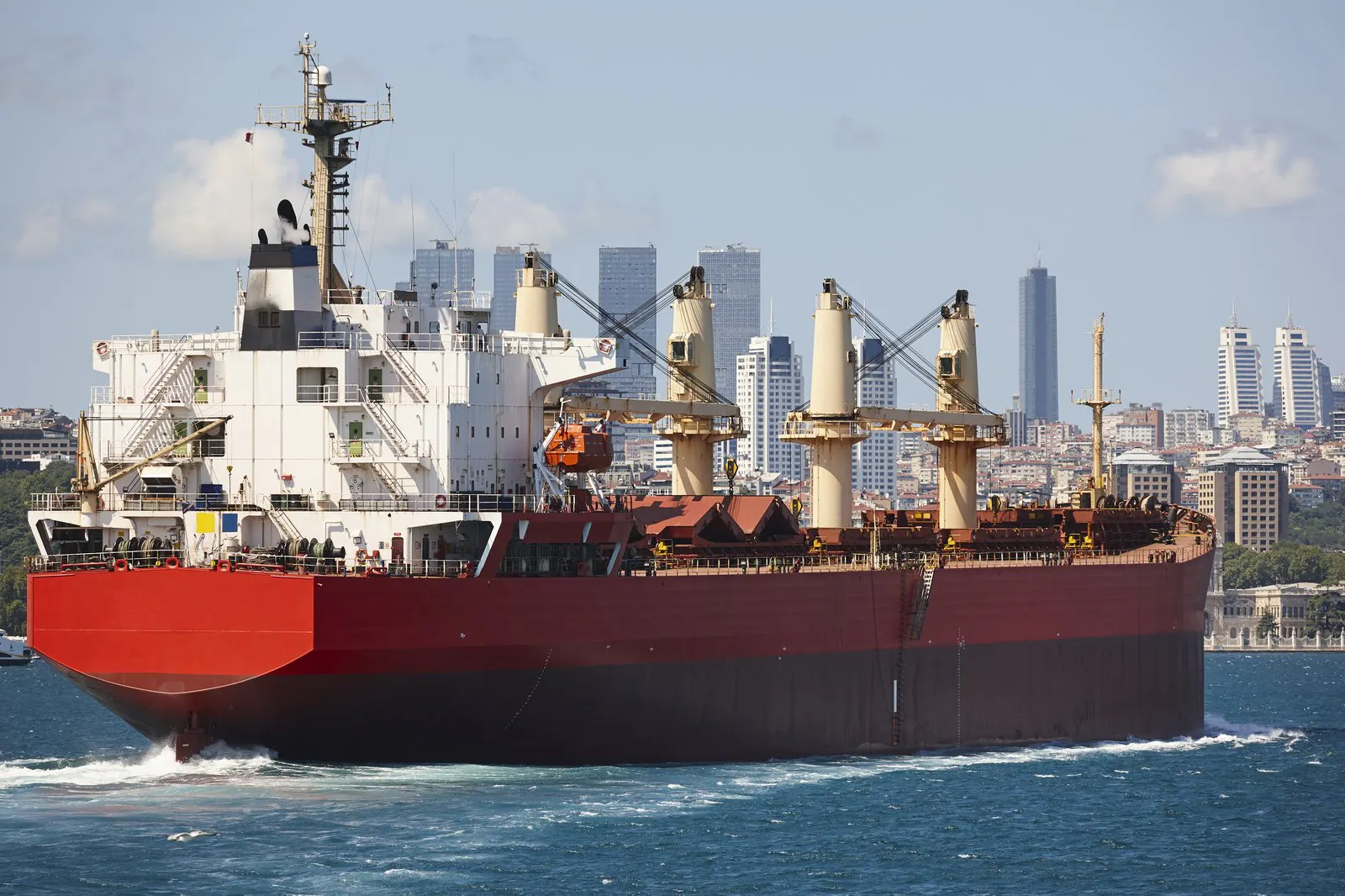 Merchant traffic passing through a narrow Turkish strait