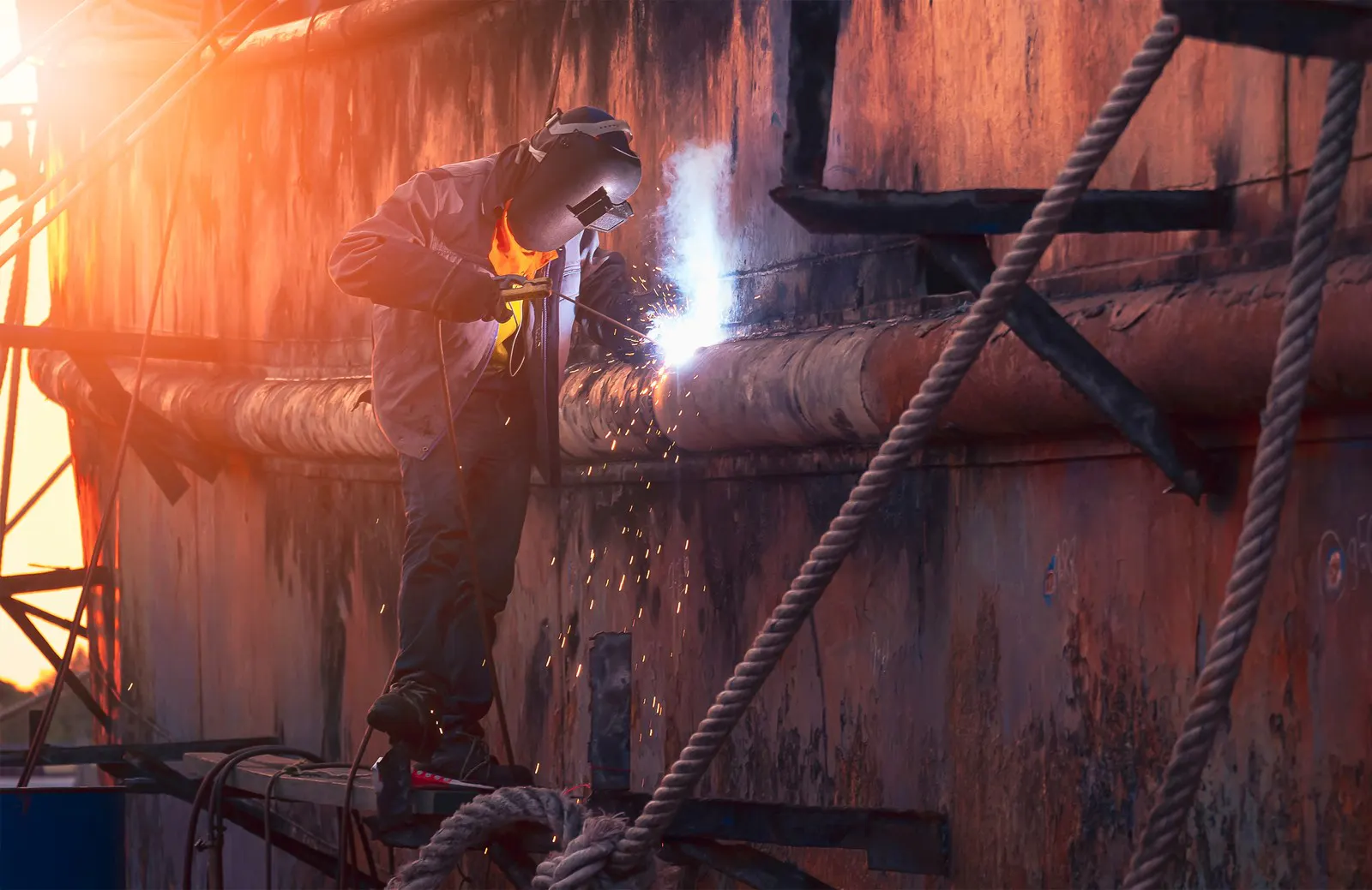 A welder working on a ship's hull