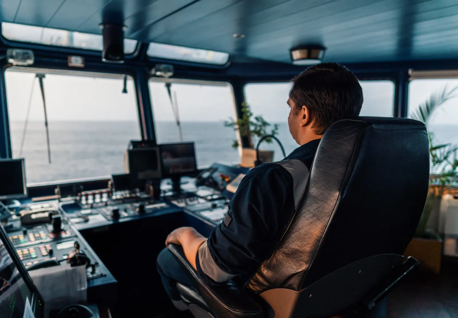 An officer on watch at a ship's bridge