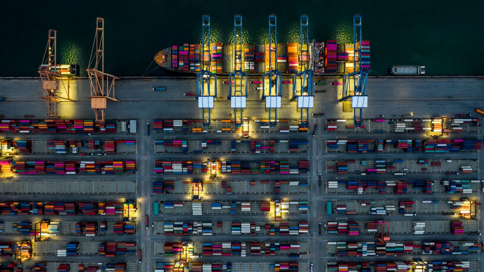 Aerial view of a container terminal working at night