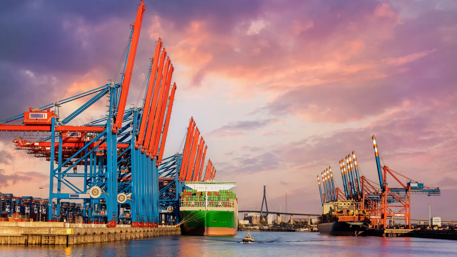 Container terminal cranes at the Port of Hamburg at dusk