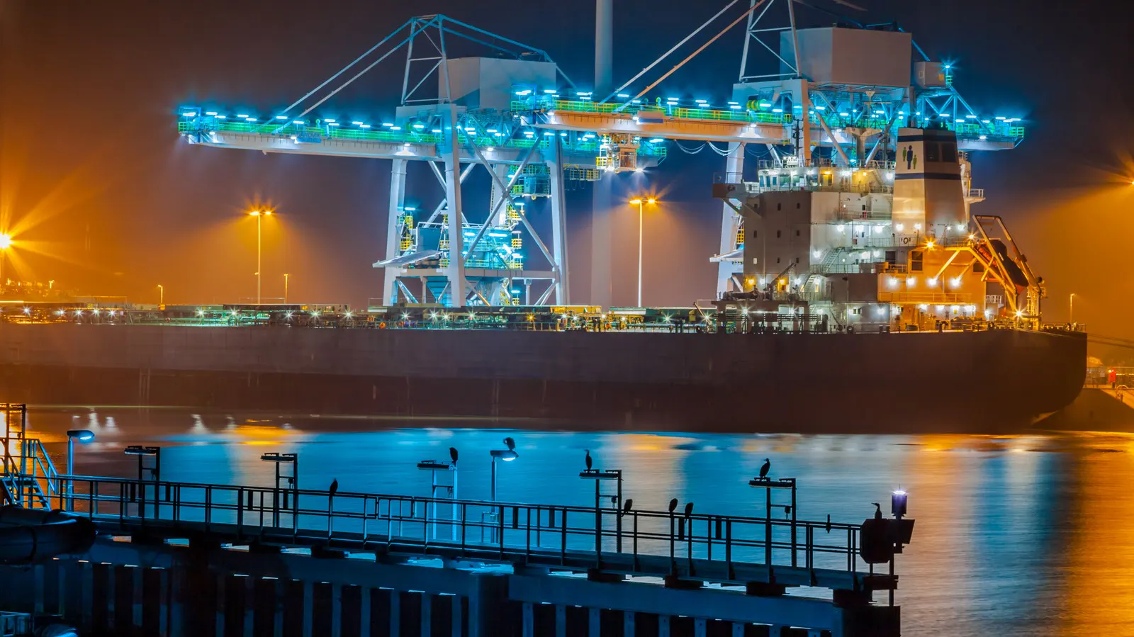 Bulk carrier discharging at a terminal under floodlights
