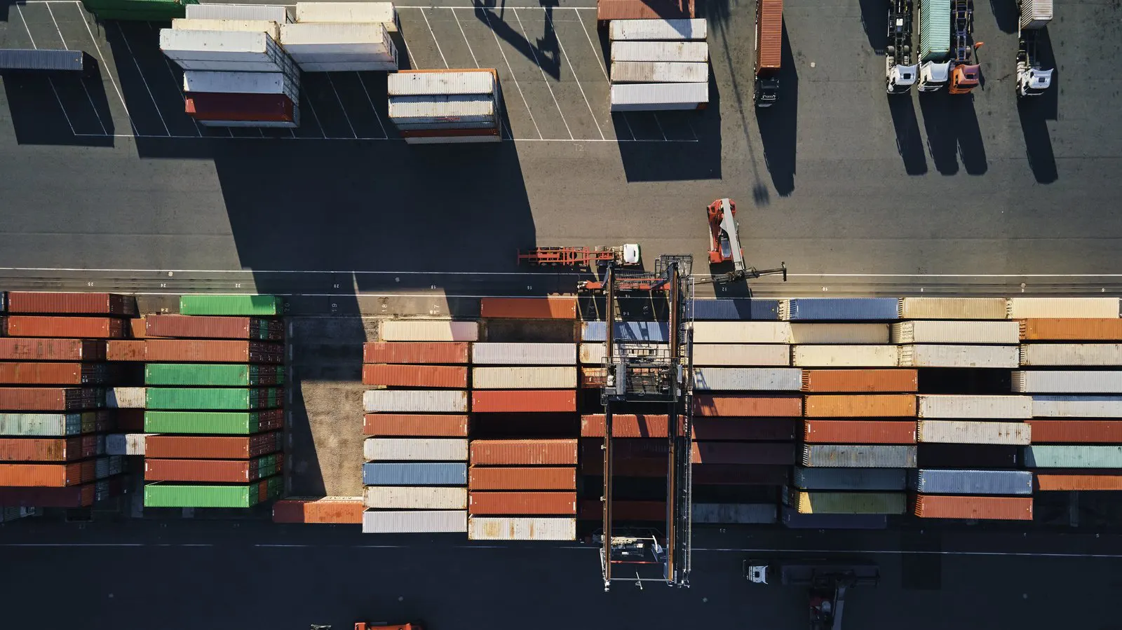 Aerial view of stacked containers in a terminal yard
