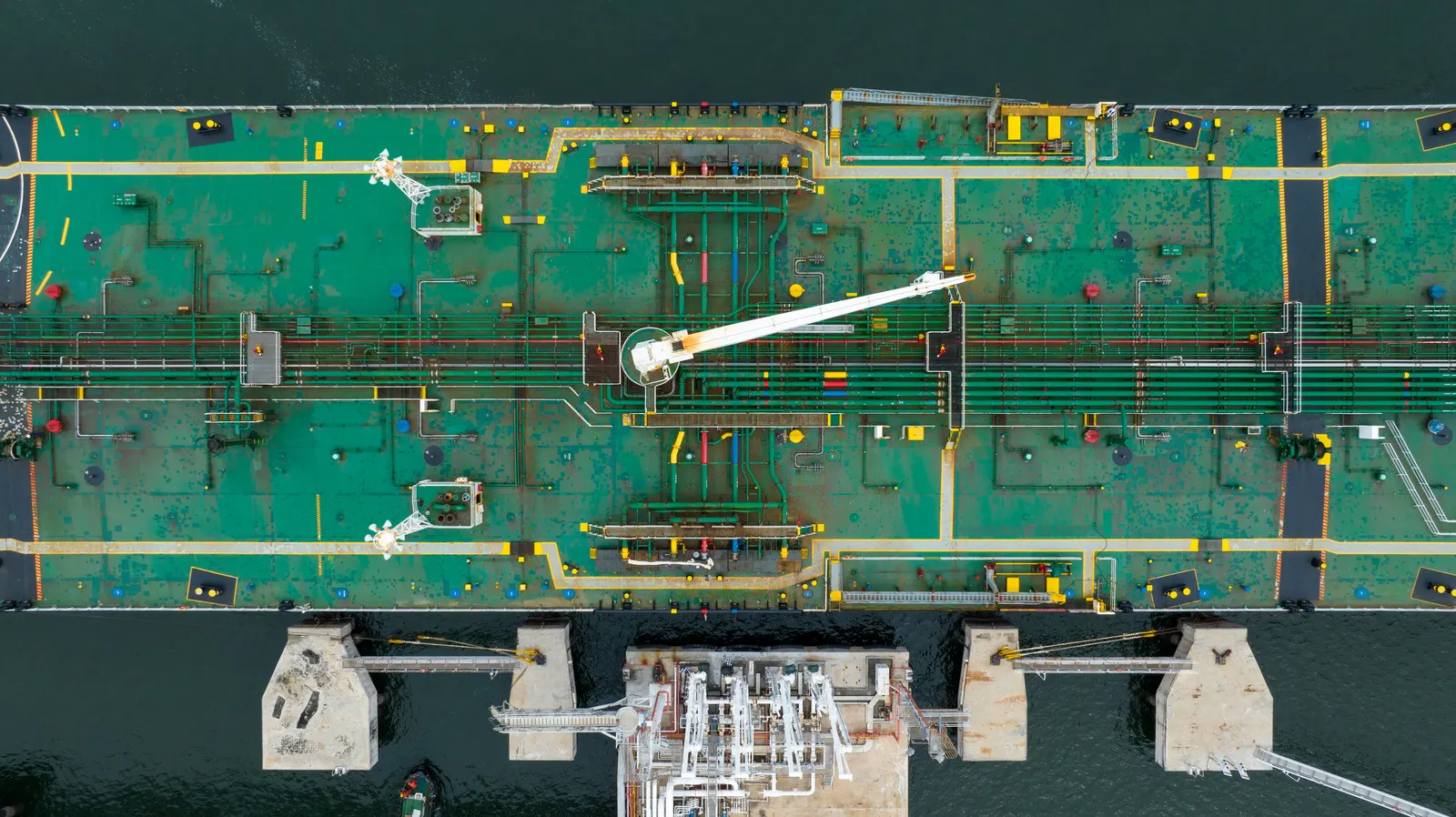 Aerial view of the deck and manifolds of a laden tanker