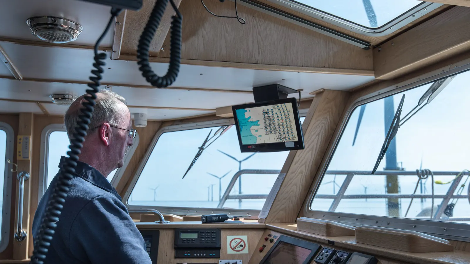 View from a vessel bridge towards offshore wind turbines