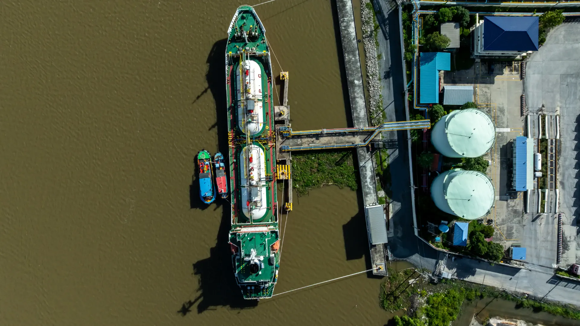Gas storage tanks at a marine terminal