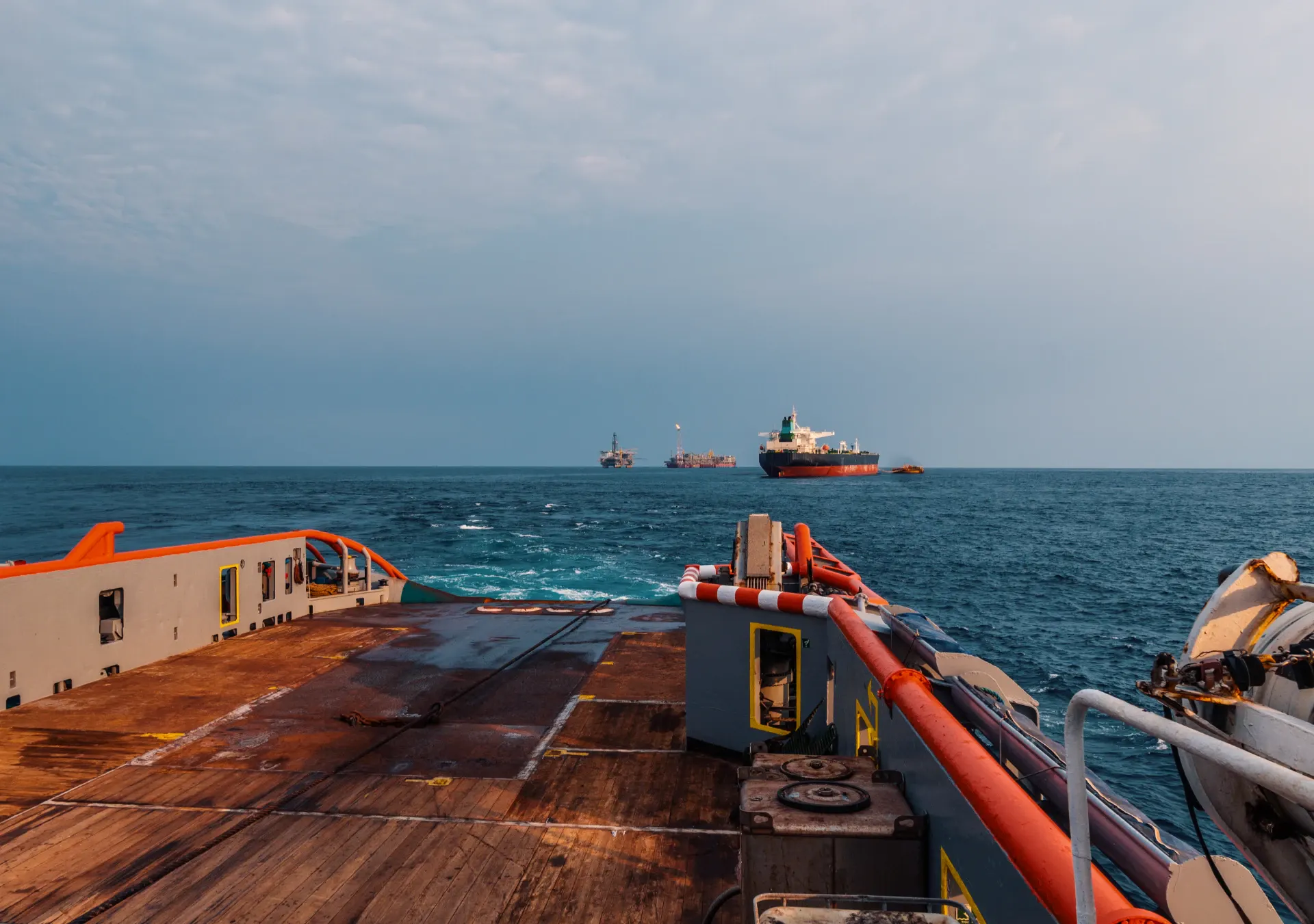 An anchor-handling tug supply vessel at work