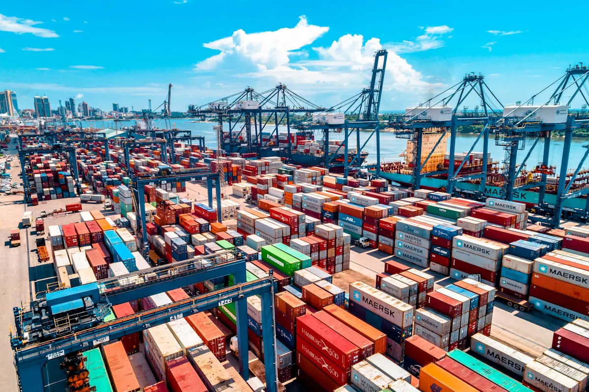 Stacked shipping containers at a port terminal