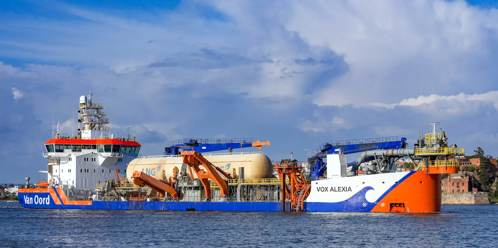 Large gas carrier under construction at a shipyard