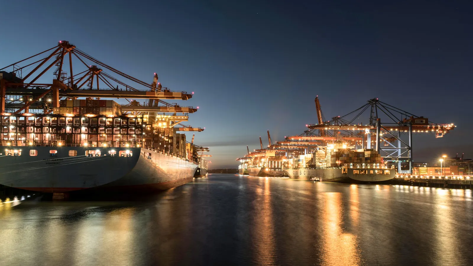 Container feeder ship at a harbour