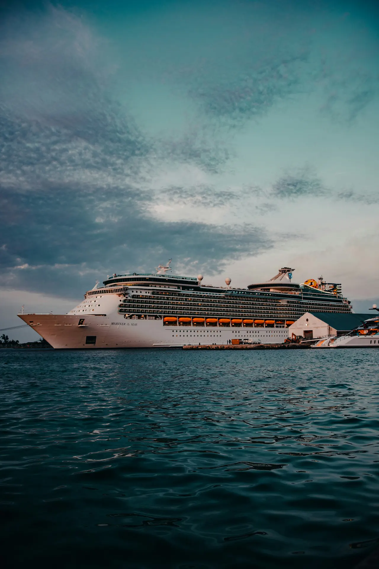 A large cruise ship in dry dock undergoing refit work